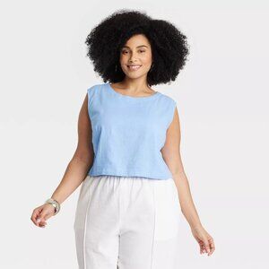 A New Day™ Linen Tank Top - Sleeveless Button Back - Womens Plus Size 3X Blue
